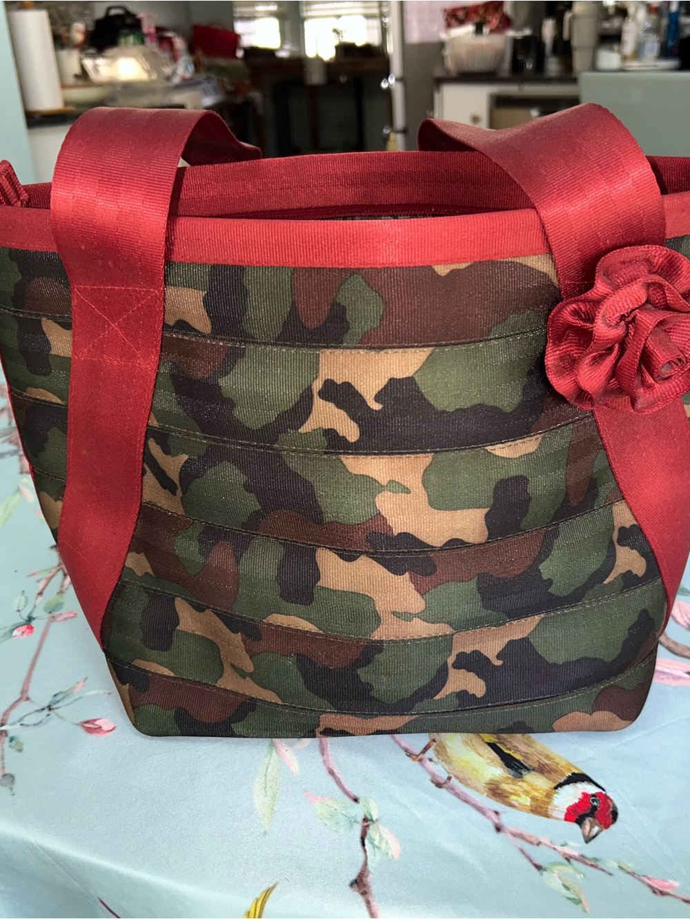 Harveys Camo Tote with Red Straps and Flower